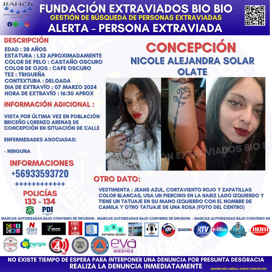ALERTA DE BÚSQUEDA CONCEPCIÓN Se busca a Nicole Alejandra Solar Olate, de 28 años extraviada desde el día 07 de marzo