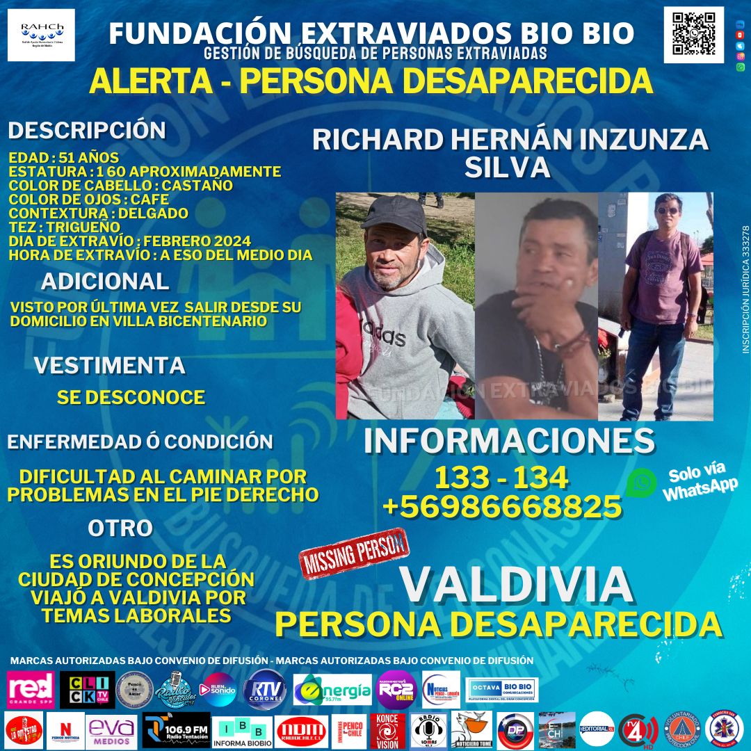ALERTA DE BÚSQUEDA VALDIVIA⚠️Fundación Extraviados Bio Bio busca a Richard Hernán Inzunza Silva desaparecido desde febrero del año en curso